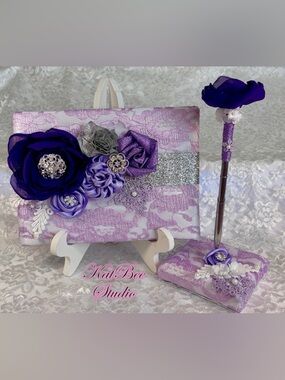💜 Handmade Purple Lavender and Silver Guest Book and Pen Set
